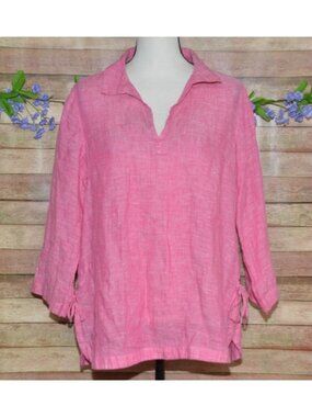 Isaac Mizrahi Pink 100% Linen Tunic Top Blouse Casual Collared Size M Summer